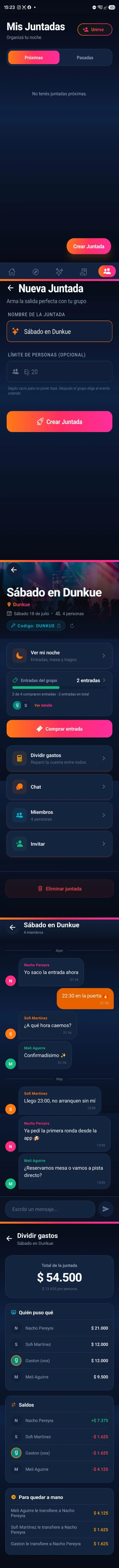 La juntada se organiza sola — recorrido de pantallas