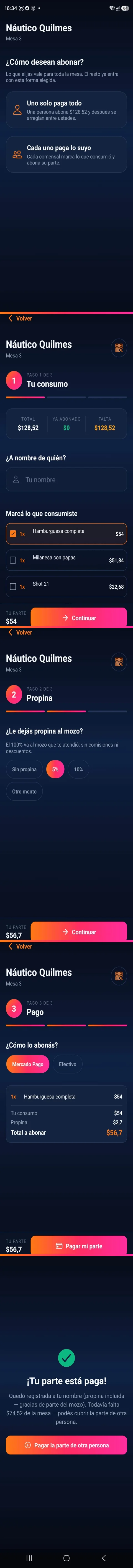 La mesa decide cómo paga — recorrido de pantallas