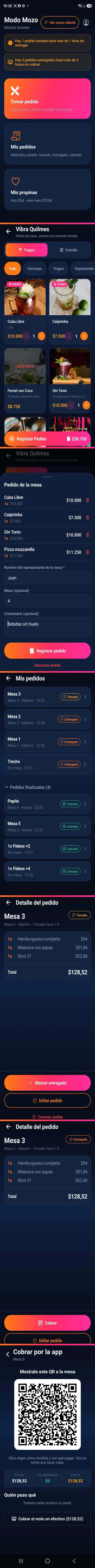 Pedido y cobro, todo desde el celular del mozo — recorrido de pantallas